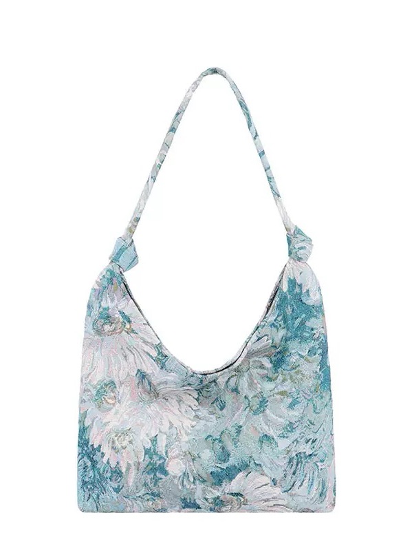 Floral Jacquard Shoulder Bag In Light Blue And Cream Tones